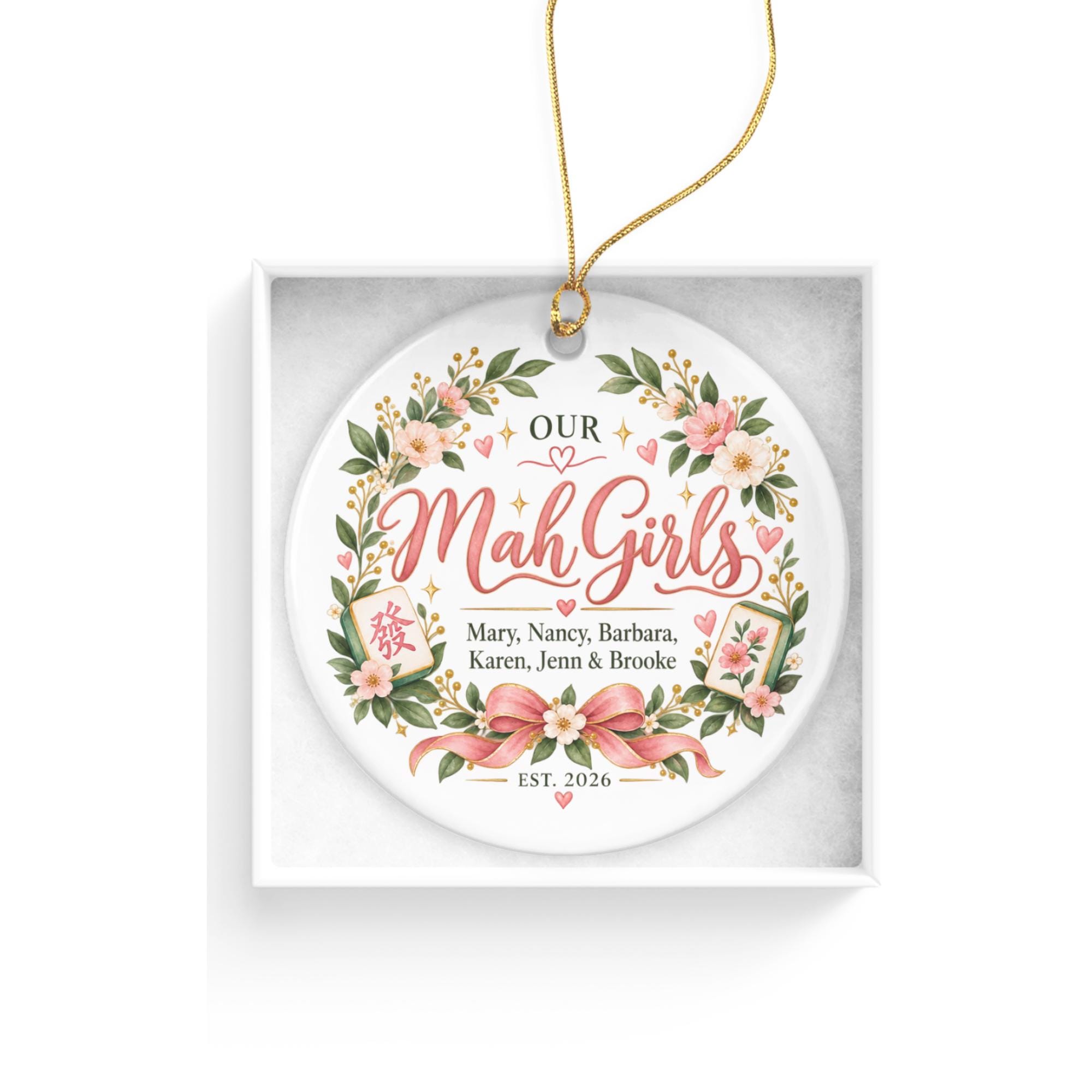 Mah Girls Family Christmas Ornament, Sisterhood Keepsake, Personalized Family Name Gift, Floral Ceramic Holiday Tree Decoration 2026