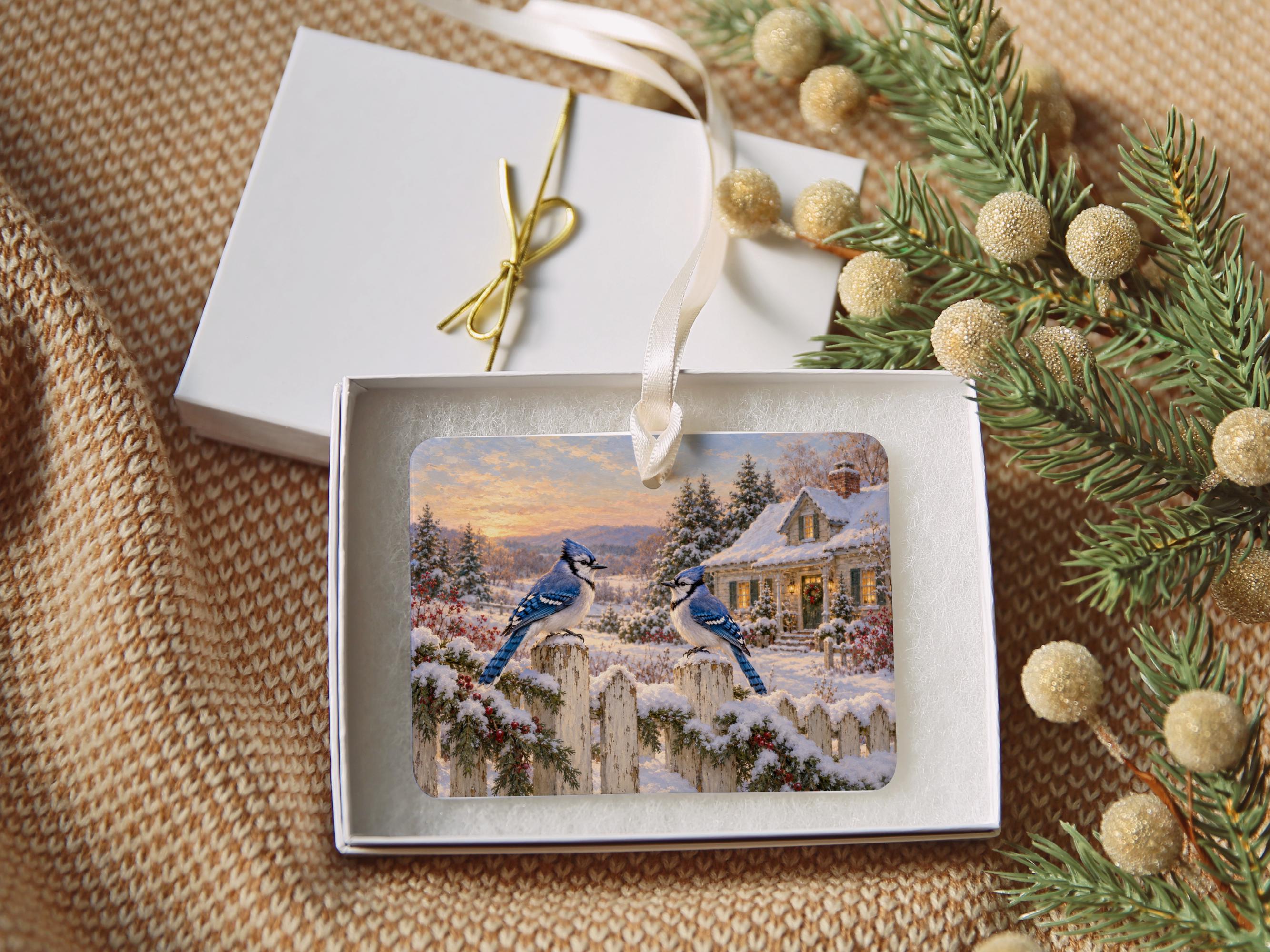 Blue Jays on a Snowy Fence Ceramic Story Ornament 2