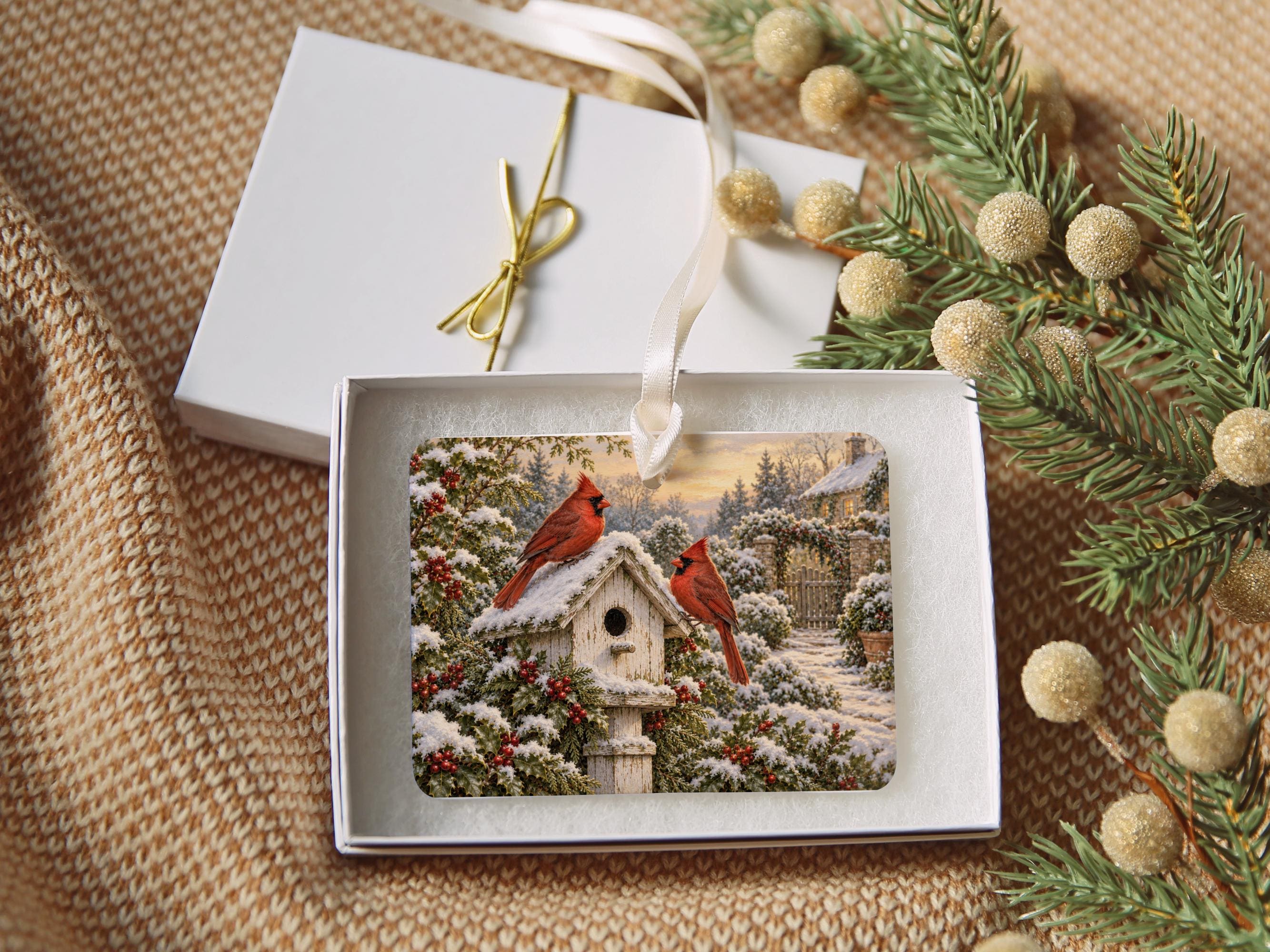 Two Cardinals at a Snowy Birdhouse Ceramic Story Ornament, Religious Keepsake Gift 2
