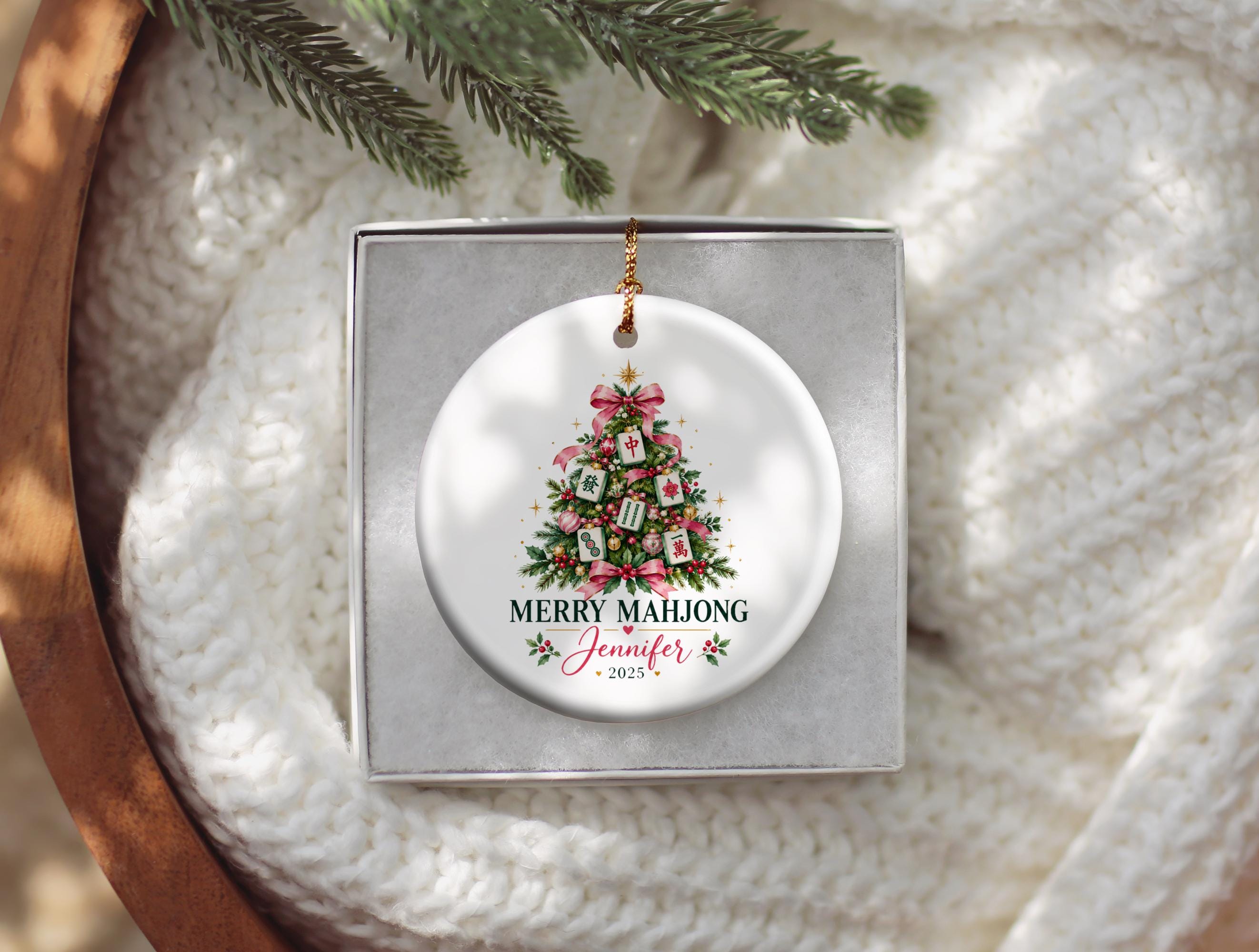 Personalized Mahjong Christmas Ornament, Merry Mah Jong Holiday Tree Decoration, 2025 Name Keepsake, Ceramic Gift for Mahjong Players