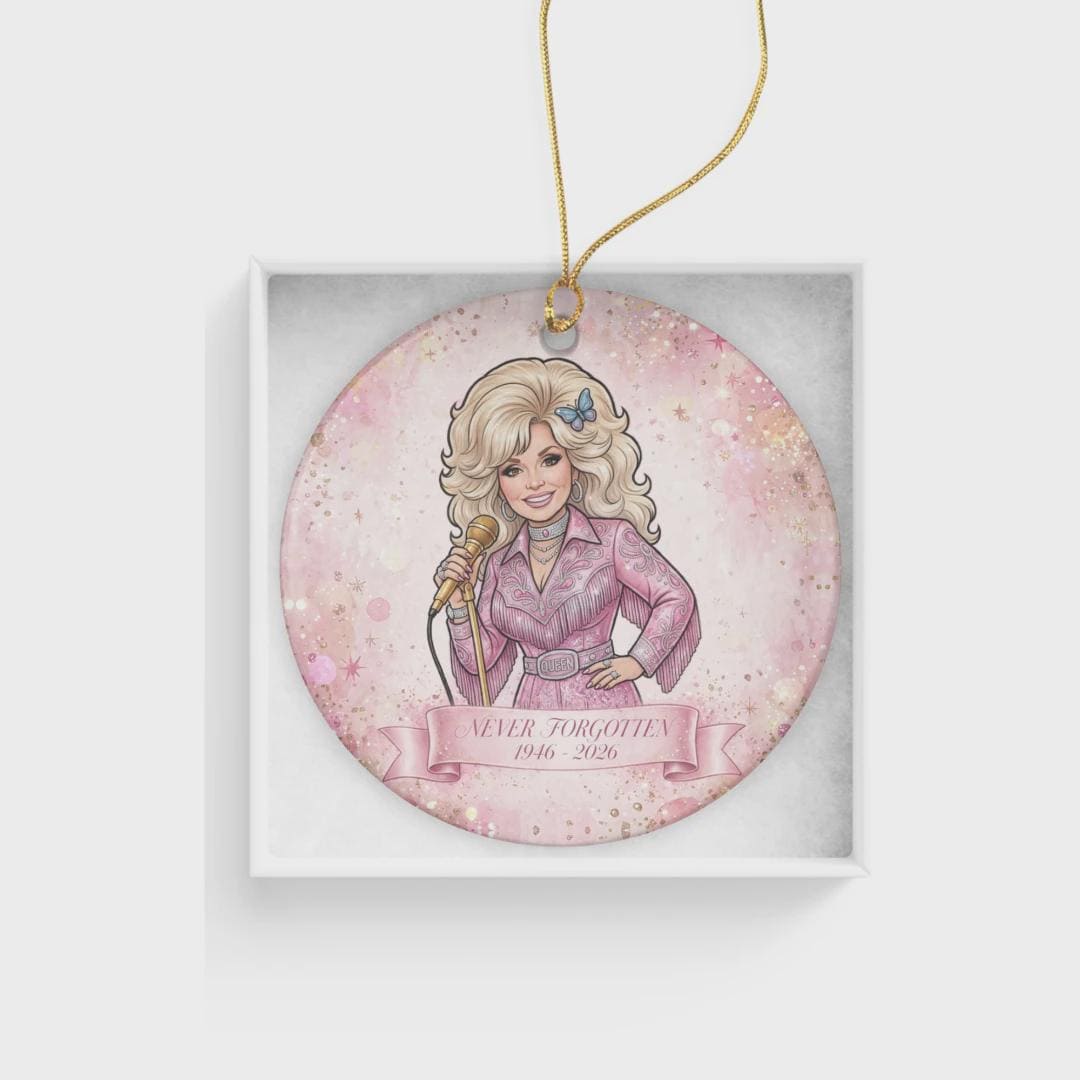 Dolly Fan Memorial Ornament 1946-2026, Never Forgotten Pink Sparkle,  Christmas Ornament gift
