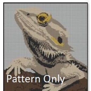 May include: A cross-stitch pattern of a bearded dragon lizard with a yellow eye, sitting on a branch. The lizard is brown, beige, and black.