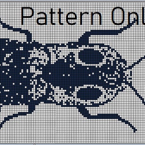 May include: Black and white pixel art pattern of a beetle with long antennae. The pattern is on a white background with a grid.