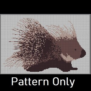 May include: A cross-stitch pattern of a brown and white porcupine with its quills standing on end. The porcupine is facing to the right and is walking. The pattern is on a white background.