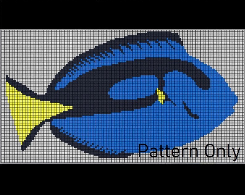 May include: A pixel art pattern of a blue and black fish with a yellow tail fin. The pattern is on a gray grid background. The text "Pattern Only" is at the bottom of the image.