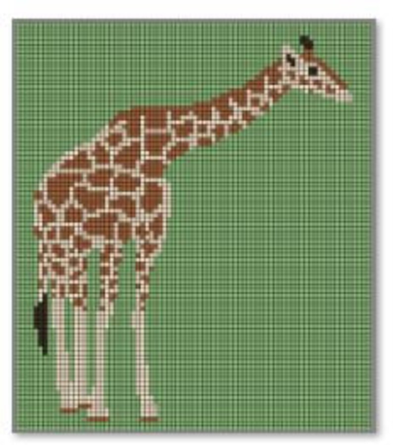 May include: A brown and white giraffe with a long neck and long legs stands on a green background.