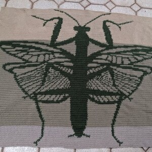 May include: A crocheted throw blanket featuring a green praying mantis with butterfly wings. The blanket is made with a beige and brown yarn.