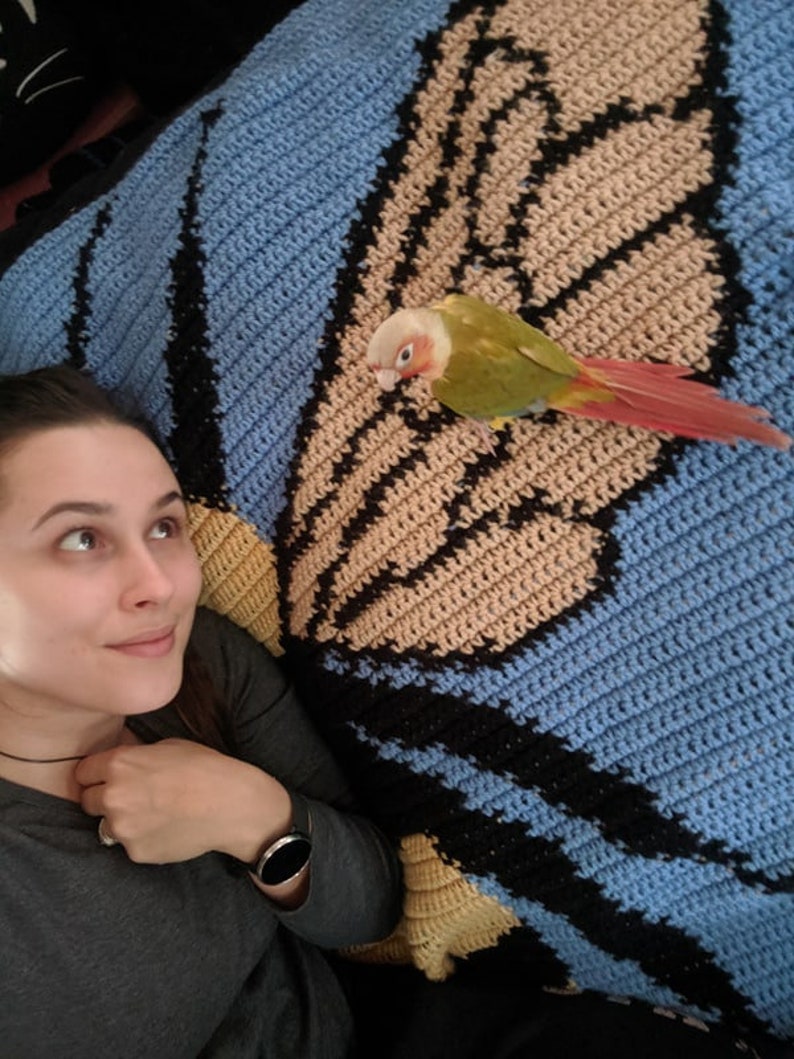 May include: A woman is lying on a blue, tan, and black crocheted blanket with a green and red parrot perched on the blanket.