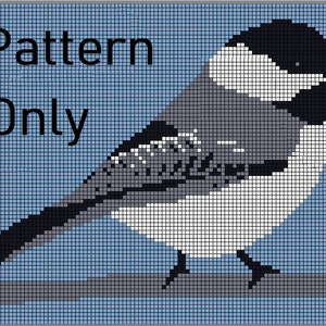 May include: A pixelated pattern of a black, white, and gray bird on a blue background. The text "Pattern Only" is in the top left corner of the image.