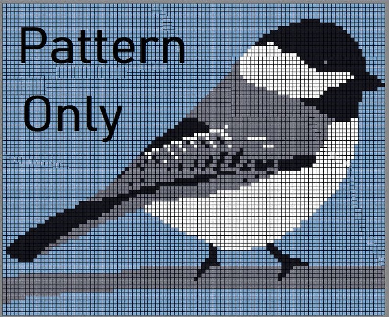 May include: A pixelated pattern of a black, white, and gray bird on a blue background. The text "Pattern Only" is in the top left corner of the image.