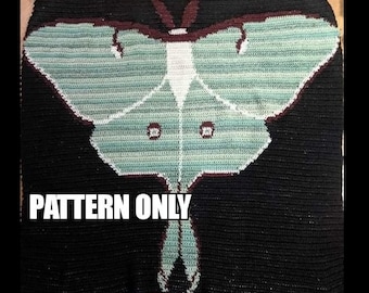 May include: Crochet pattern for a green and white moth on a black background. The pattern is called "PATTERN ONLY".