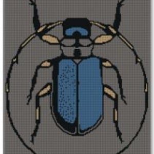 May include: A blue and black beetle with long antennae, set against a gray background. The beetle is surrounded by a black circle.