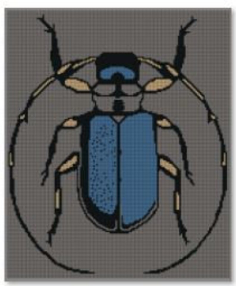 May include: A blue and black beetle with long antennae, set against a gray background. The beetle is surrounded by a black circle.