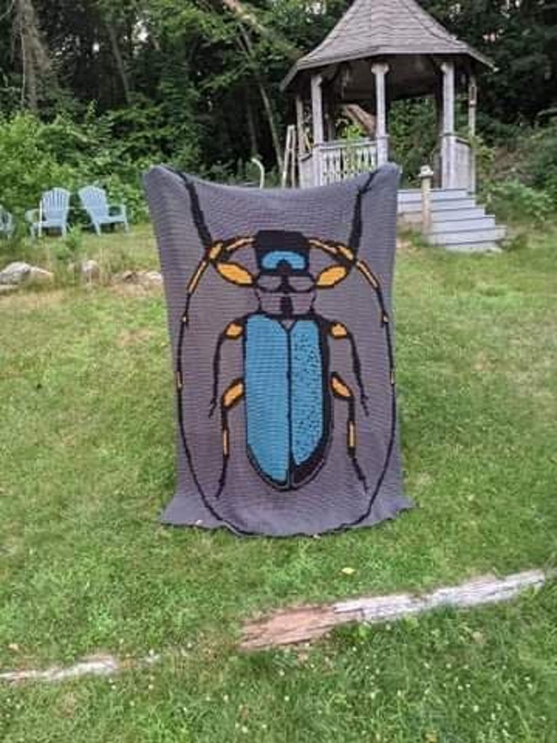 May include: A gray crocheted blanket with a large blue and yellow beetle design. The blanket is folded and sitting on a grassy lawn.