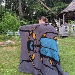 May include: A gray crocheted blanket with a large blue and yellow beetle design. The blanket is being held up by a person in a grassy area.