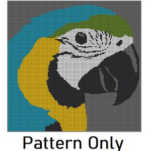 May include: A pixel art pattern of a blue and yellow macaw's head. The macaw's beak is open and its eye is visible. The background is gray.