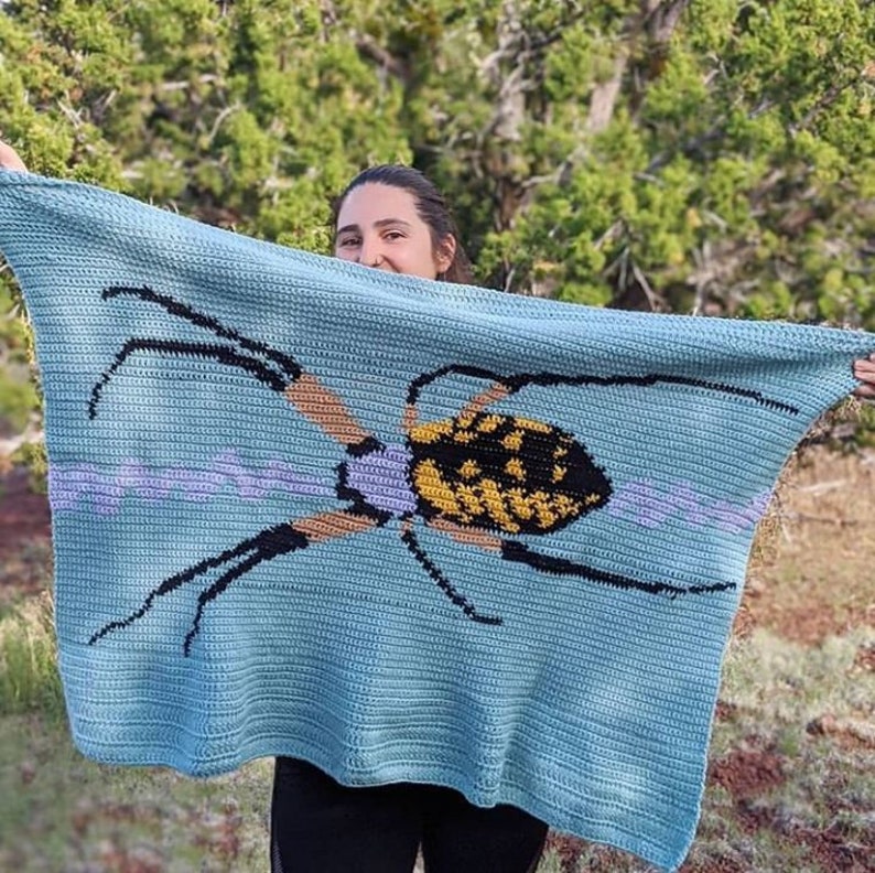 May include: A blue crocheted blanket with a yellow and black spider design. The blanket is being held by a person in front of a green background.