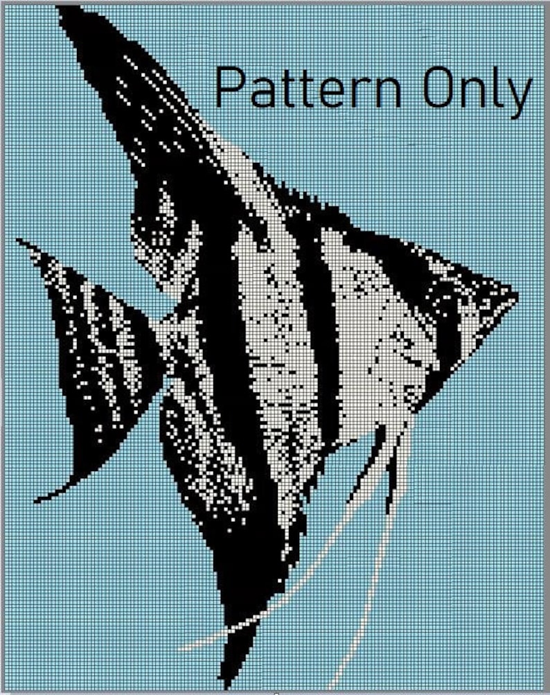 May include: Black and white pixel art pattern of an angelfish on a light blue background. The text "Pattern Only" is at the top of the image.