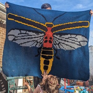 May include: A crocheted blanket featuring a large, colorful insect with yellow, red, black, and white details. The blanket is blue and has a crocheted texture.