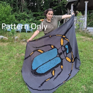 Può includere: Una coperta all'uncinetto con un grande e dettagliato disegno di uno scarabeo. Lo scarabeo è blu, nero e giallo, ed è su uno sfondo grigio. La coperta è tenuta da una persona con una camicia verde.