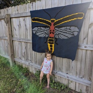 May include: A crocheted blanket featuring a large, colorful insect design. The blanket is hanging on a wooden fence, and a young child is standing in front of it.
