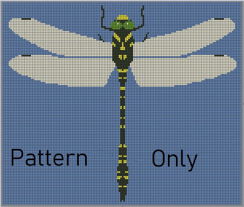 May include: A cross-stitch pattern of a dragonfly with a black and yellow body, green head, and white wings on a blue background. The text "Pattern Only" is printed below the dragonfly.