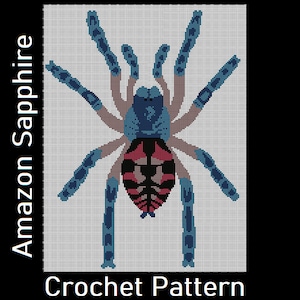 May include: Crochet pattern for an Amazon Sapphire tarantula. The spider is blue and black with a red and black abdomen. The pattern is called "Amazon Sapphire Crochet Pattern".