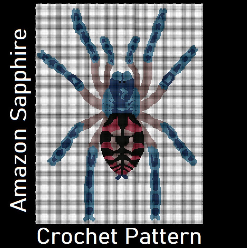 May include: Crochet pattern for an Amazon Sapphire tarantula. The spider is blue and black with a red and black abdomen. The pattern is called "Amazon Sapphire Crochet Pattern".