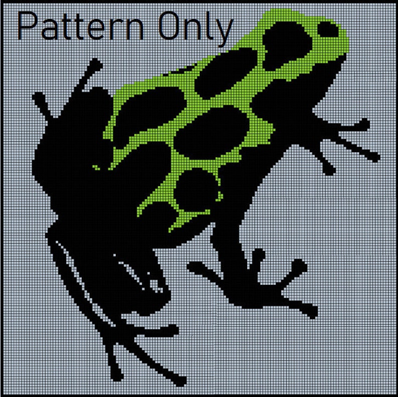 May include: Black and green pixel art pattern of a frog. The frog is facing the right side of the image. The frog has a green body with black spots and a black head. The background is a light gray color.
