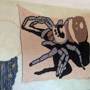 Op de afbeelding: Een gehaakte wandhanger met een grote spin in tinten bruin, zwart en grijs. De spin is afgebeeld met acht poten en een groot, rond lichaam.