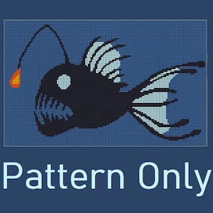 May include: A pixel art pattern of a black anglerfish with a glowing lure, swimming in a blue ocean. The fish has a large mouth with sharp teeth and a long, thin fin.