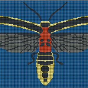 May include: A pixel art image of a firefly with black and yellow stripes, red and black markings, and gray wings against a blue background.
