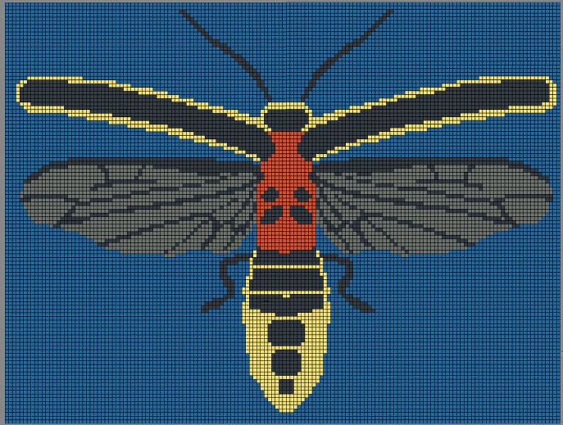 May include: A pixel art image of a firefly with black and yellow stripes, red and black markings, and gray wings against a blue background.