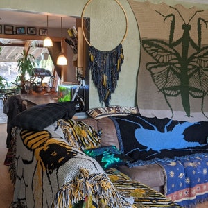 May include: A living room with a brown couch, a blue and black throw blanket, a green and brown throw blanket with a praying mantis design, and a blue and white throw blanket with a star pattern.
