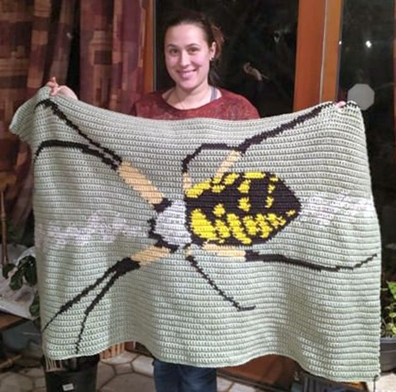 May include: A crocheted blanket featuring a large yellow and black spider with a green background. The blanket is being held by a person.