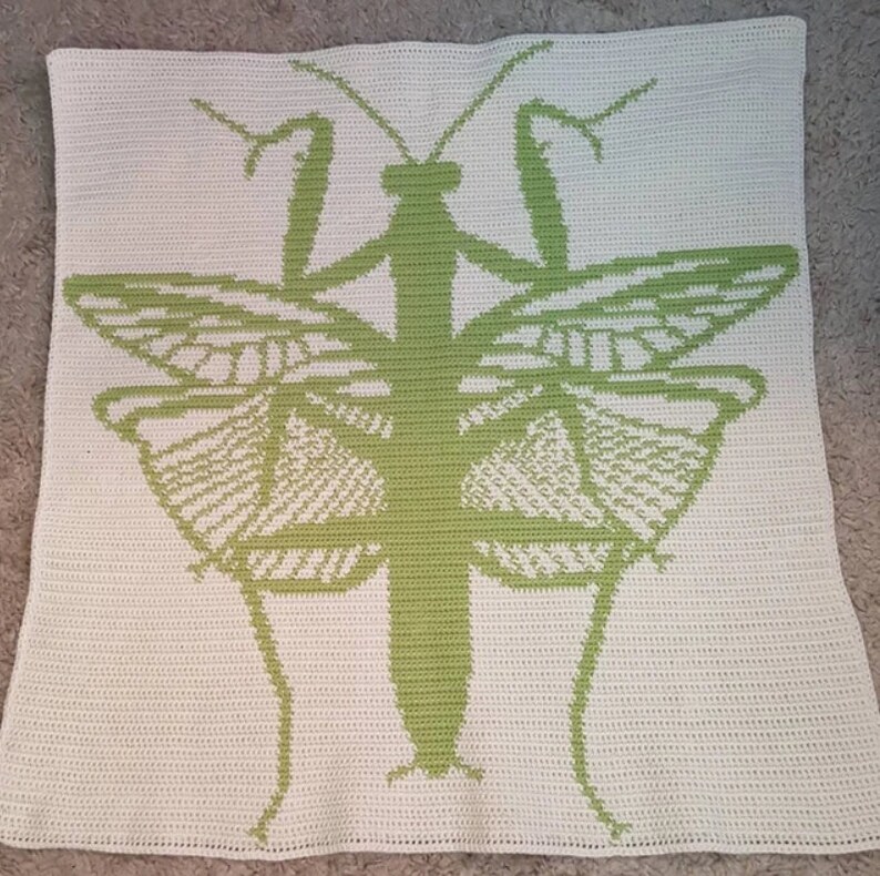May include: A green crocheted blanket with a design of a praying mantis with butterfly wings.