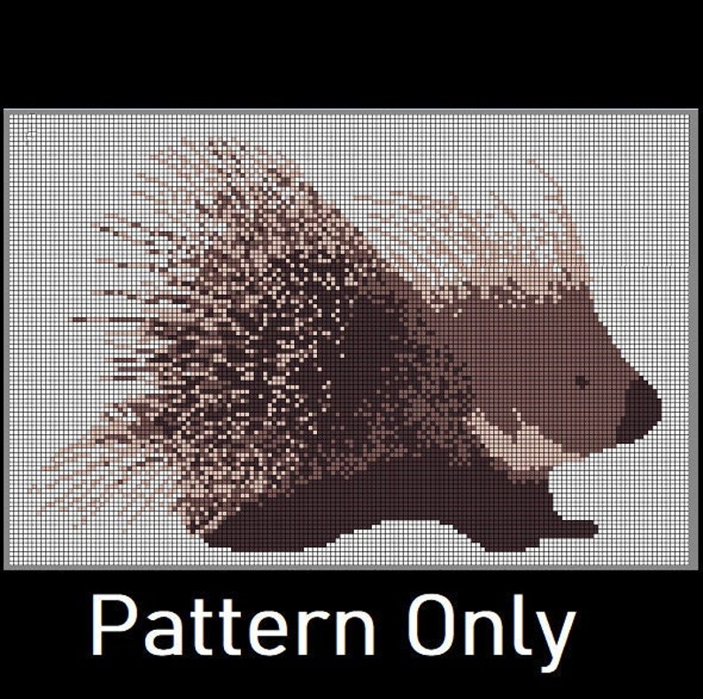 May include: A cross-stitch pattern of a brown and white porcupine with its quills standing on end. The porcupine is facing to the right and is walking. The pattern is on a white background.