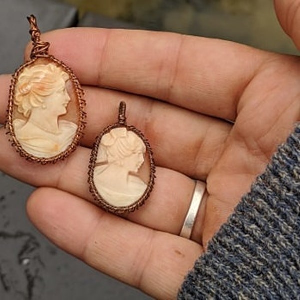 Cameo Pendants (made from carved conch shell) wrapped in copper