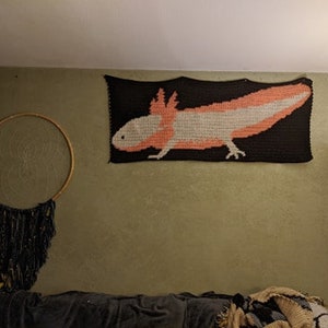 May include: A crocheted wall hanging featuring a pink and white axolotl on a black background.