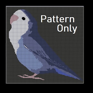 May include: A blue and white pixelated pattern of a lovebird, with the text "Pattern Only" in white.