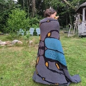 May include: A person wearing a gray crocheted blanket with a blue and yellow butterfly design.