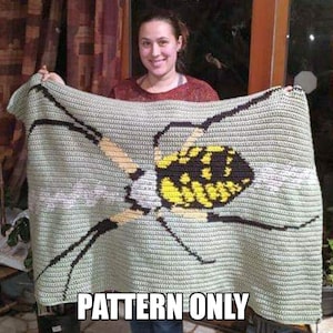 May include: A crochet pattern for a blanket featuring a yellow and black spider. The pattern is written "PATTERN ONLY".