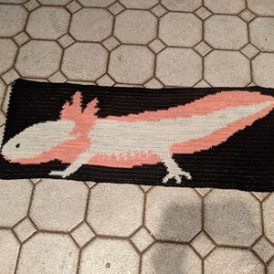 May include: A black and white crocheted rug with a pink axolotl design. The axolotl is a type of salamander that is native to Mexico.