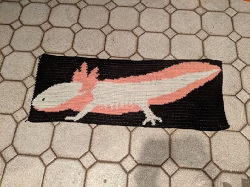 May include: A black and white crocheted rug with a pink axolotl design. The axolotl is a type of salamander that is native to Mexico.