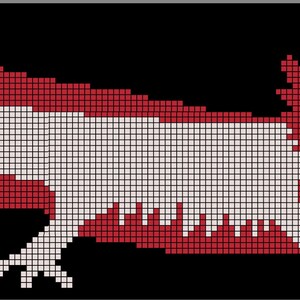 May include: A pixelated image of a red and white axolotl, a type of salamander, with a black background.