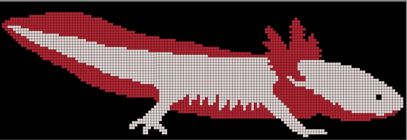 May include: A pixelated image of a red and white axolotl, a type of salamander, with a black background.