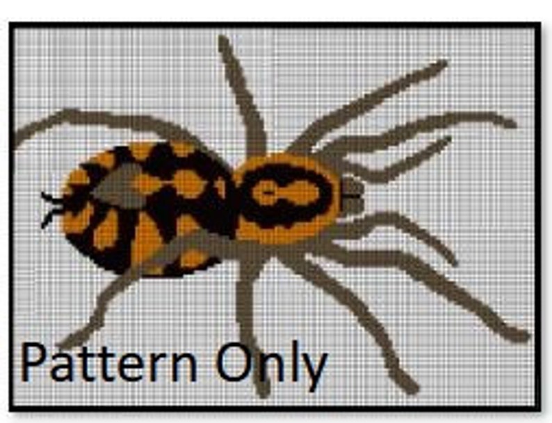 May include: A cross stitch pattern of a brown and orange spider with black markings. The spider has eight legs and is facing the viewer. The pattern is on a gray background.