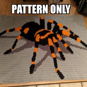 Puede incluir: Patrón de crochet para una araña negra y naranja sobre un fondo gris. El patrón está etiquetado como "PATTERN ONLY".