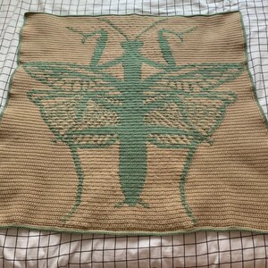 May include: A crocheted throw blanket featuring a green and beige design of a praying mantis. The blanket is made with a textured yarn and has a square shape.
