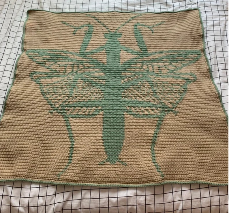 May include: A crocheted throw blanket featuring a green and beige design of a praying mantis. The blanket is made with a textured yarn and has a square shape.